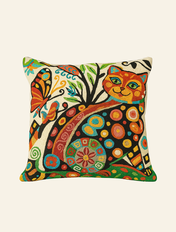 Pair of Embroidered Cat Cushion Cover