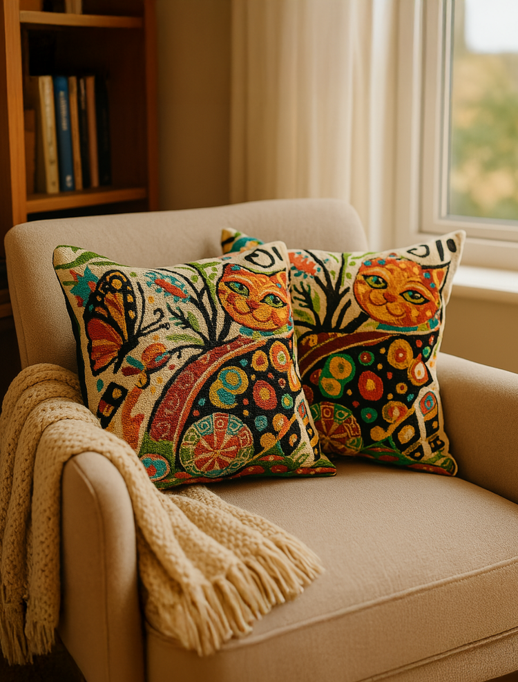 Pair of Embroidered Cat Cushion Cover