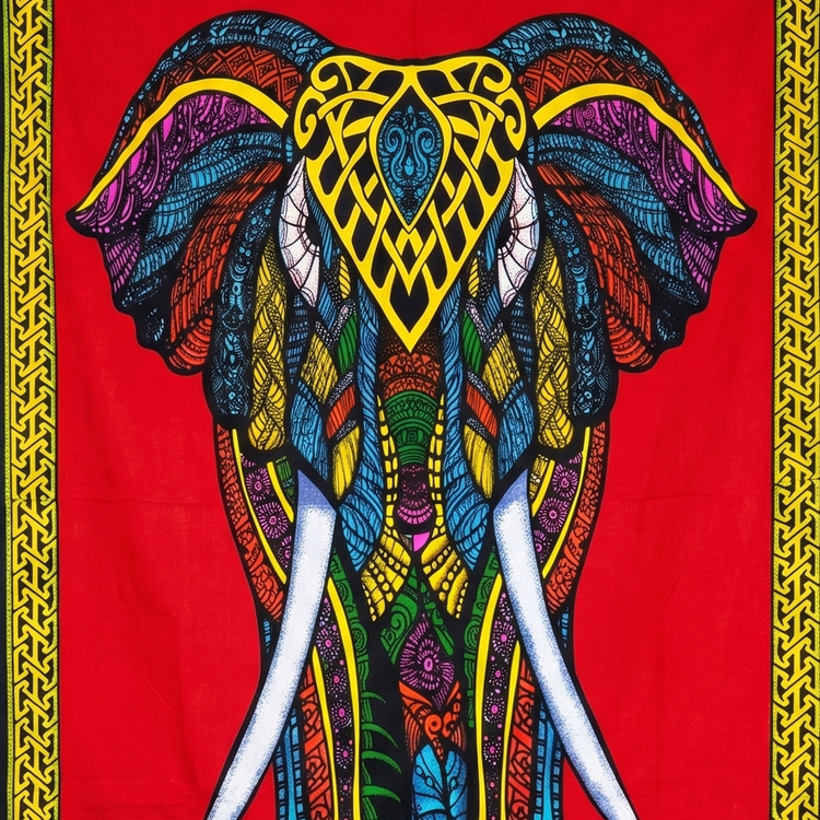 Ornate Elephant Cotton Tapestry – Red & Multicolour Wall Hanging