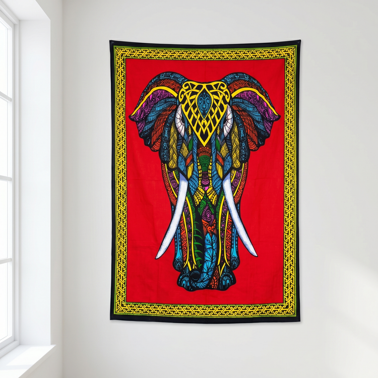 Detail of the hand block printed elephant showing turquoise, magenta and orange zentangle linework