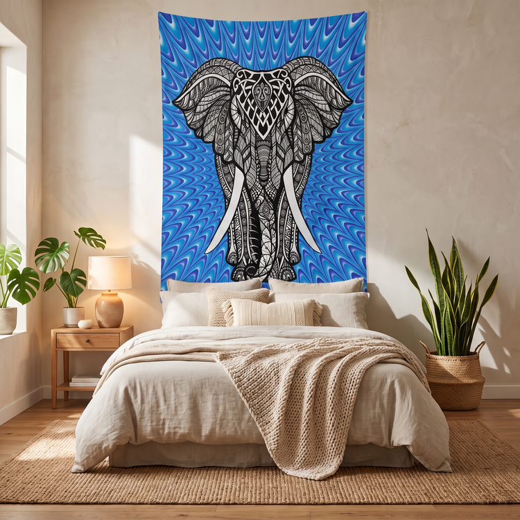 Ornate Elephant Cotton Tapestry – Blue Ombré Wall Hanging