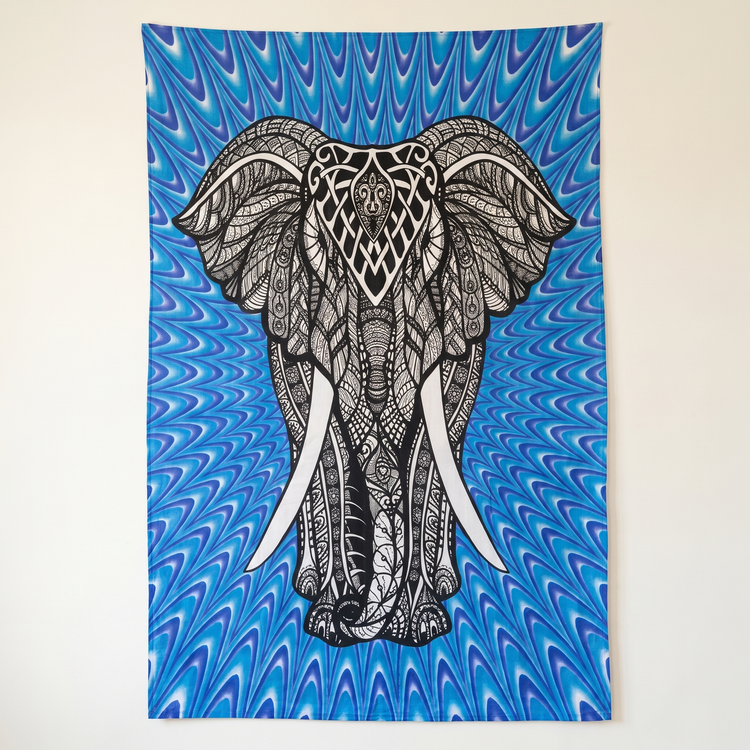 Ornate Elephant Cotton Tapestry – Blue Ombré Wall Hanging