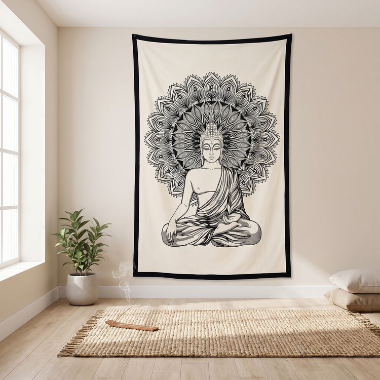 Meditating Buddha Cotton Tapestry – Ivory & Charcoal Wall Hanging
