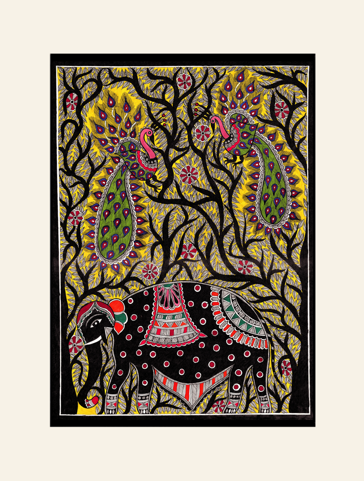 Royal Elephant & Peacock Forest – Madhubani Folk Painting