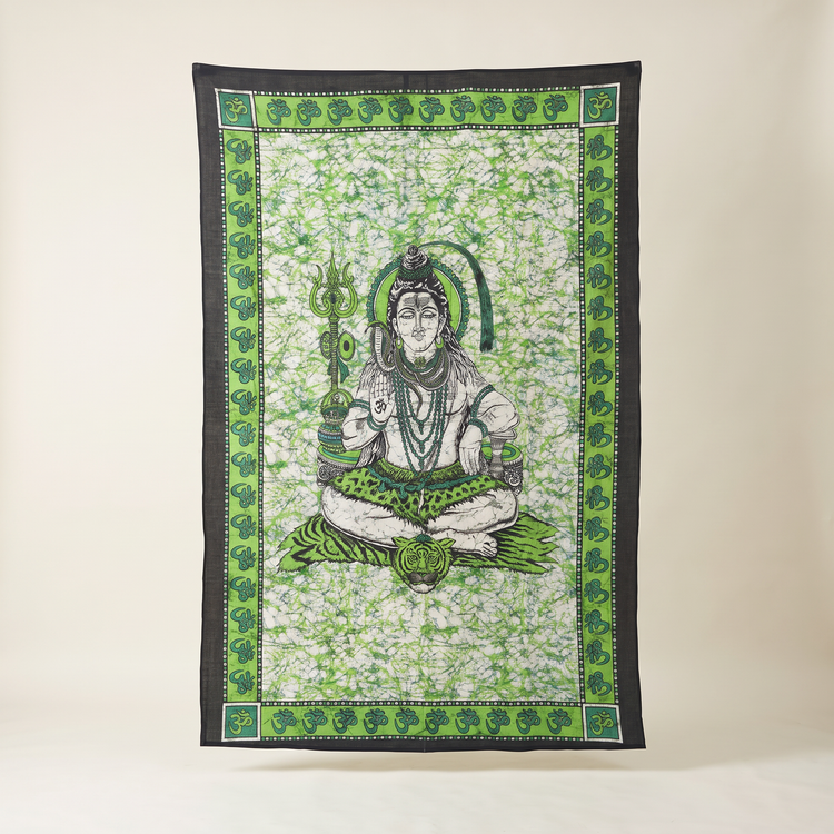 Lord Shiva Batik Cotton Tapestry – Emerald Green Wall Hanging