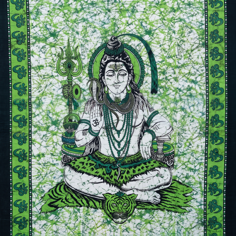 Lord Shiva Batik Cotton Tapestry – Emerald Green Wall Hanging