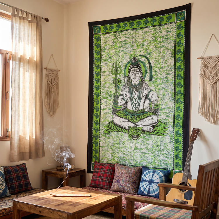 Lord Shiva Batik Cotton Tapestry – Emerald Green Wall Hanging