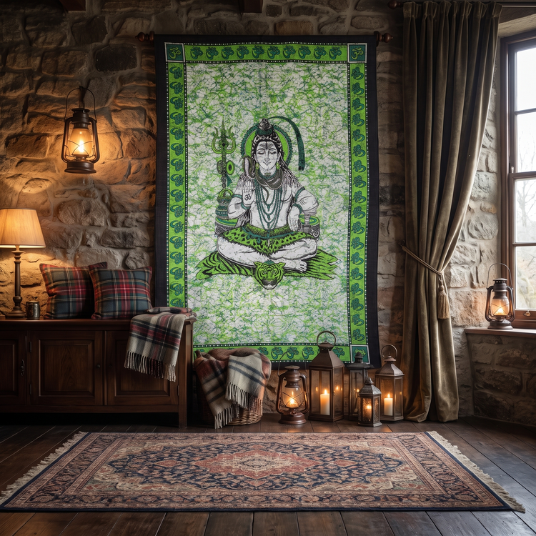 Lord Shiva Batik Cotton Tapestry – Emerald Green Wall Hanging