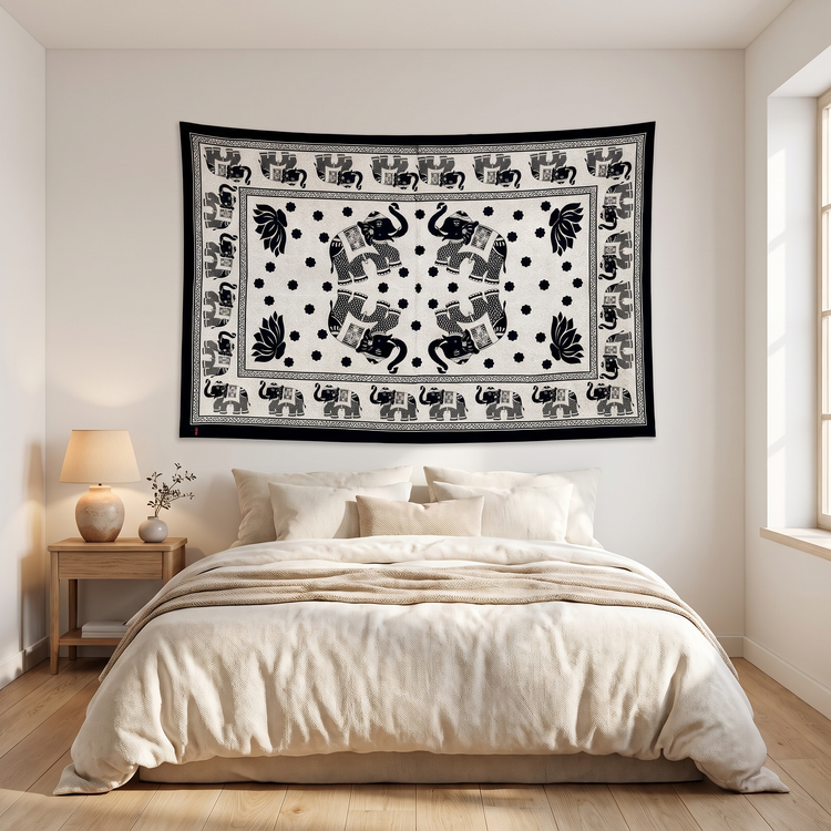Elephant Hand Block Printed Cotton Tapestry – Navy & Cream Wall Hanging