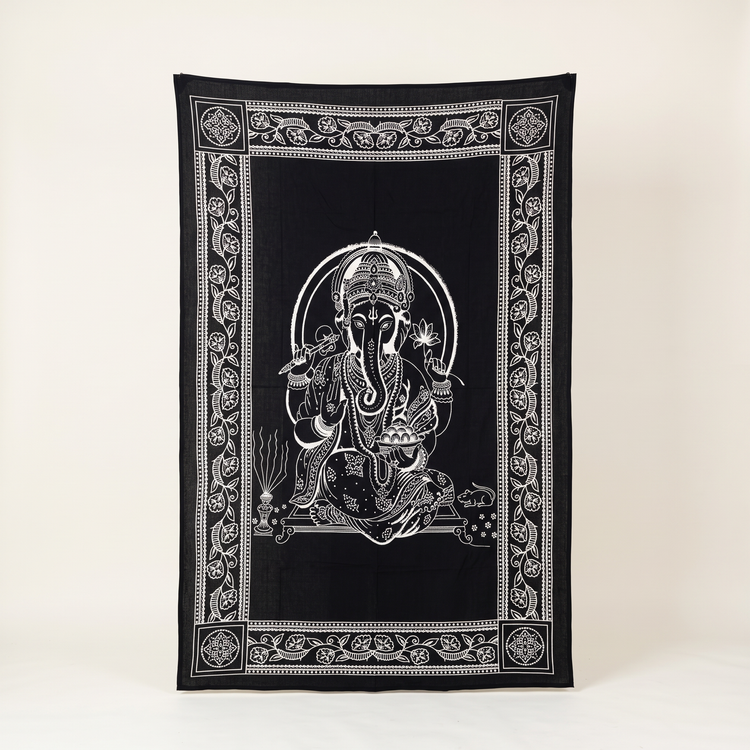 Ganesha Hand Block Printed Cotton Tapestry – Monochrome Wall Hanging