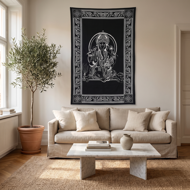 Ganesha Hand Block Printed Cotton Tapestry – Monochrome Wall Hanging
