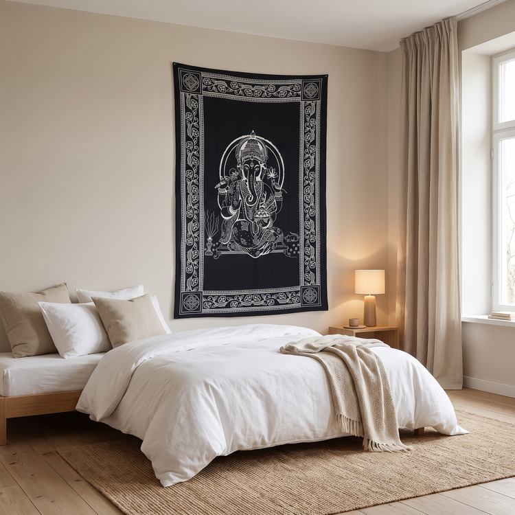 Ganesha Hand Block Printed Cotton Tapestry – Monochrome Wall Hanging