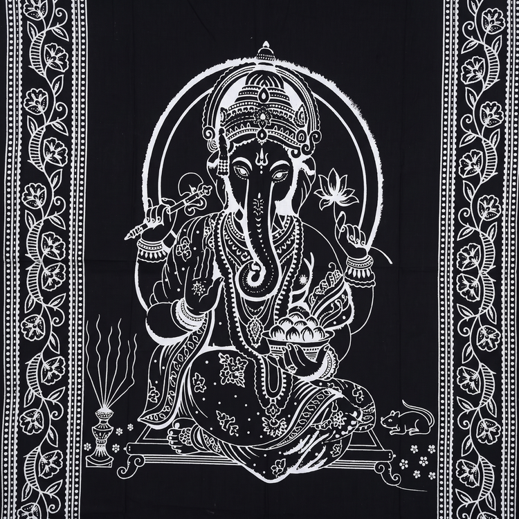 Ganesha Hand Block Printed Cotton Tapestry – Monochrome Wall Hanging