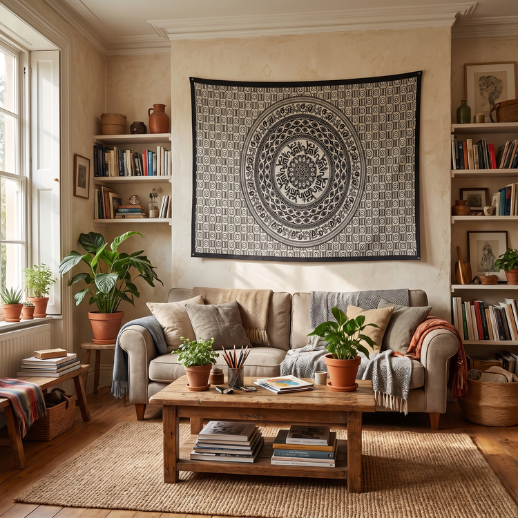 Elephant Mandala Hand Block Printed Cotton Tapestry – Cream & Black Wall Hanging