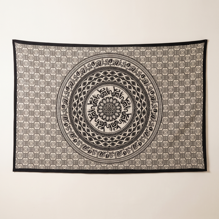 Elephant Mandala Hand Block Printed Cotton Tapestry – Cream & Black Wall Hanging