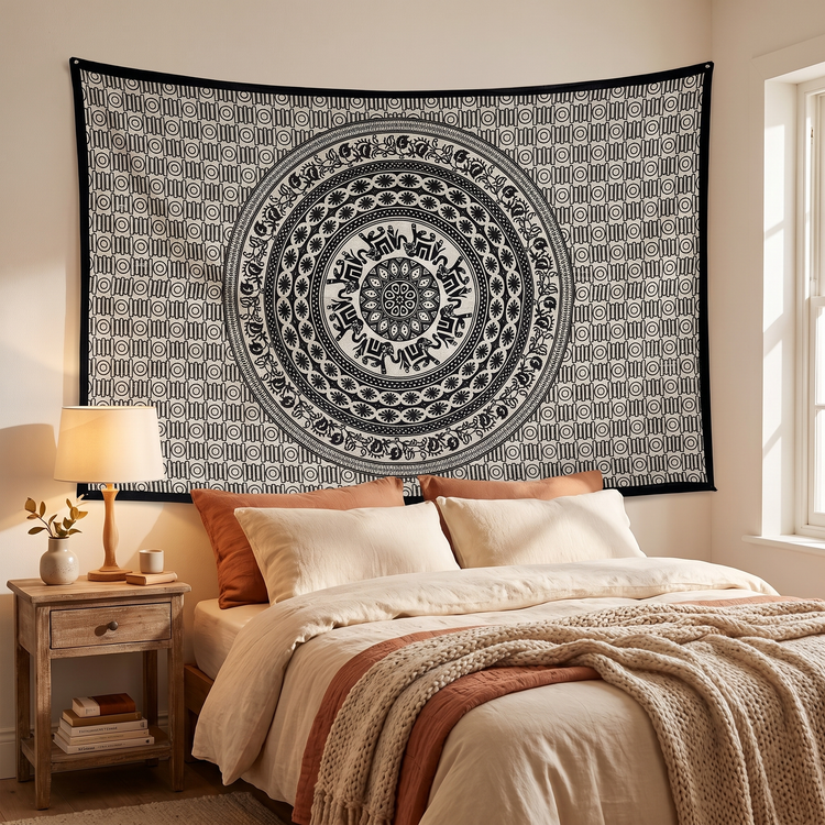 Elephant Mandala Hand Block Printed Cotton Tapestry – Cream & Black Wall Hanging