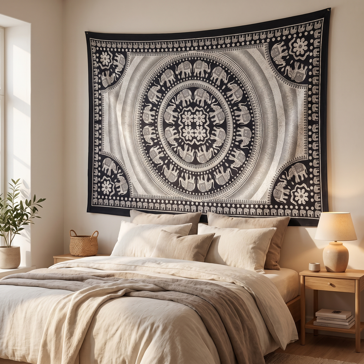 Elephant Corner Mandala Hand Block Printed Cotton Tapestry – Black & Ivory