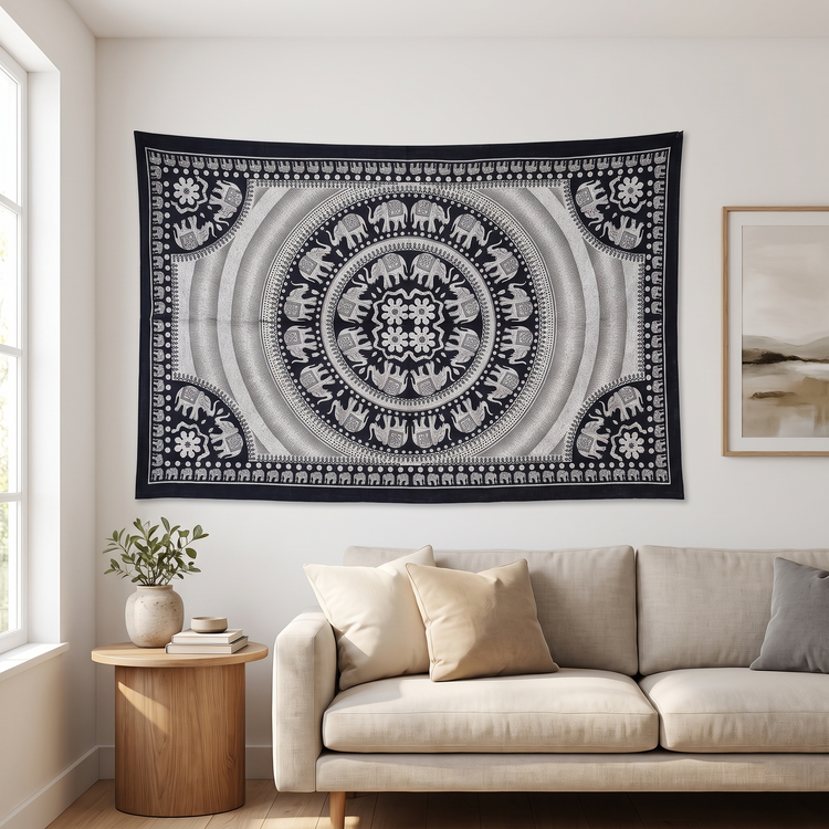 Elephant Corner Mandala Hand Block Printed Cotton Tapestry – Black & Ivory