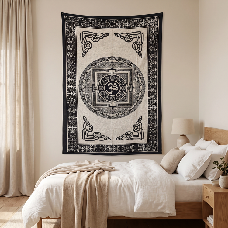 Om Chakra Mandala Hand Block Printed Cotton Tapestry – Black & Ivory Wall Hanging