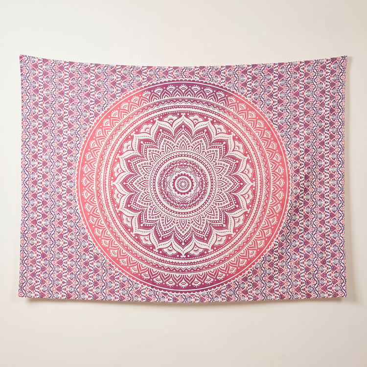 Lotus Mandala Cotton Tapestry – Pink Ombré Wall Hanging