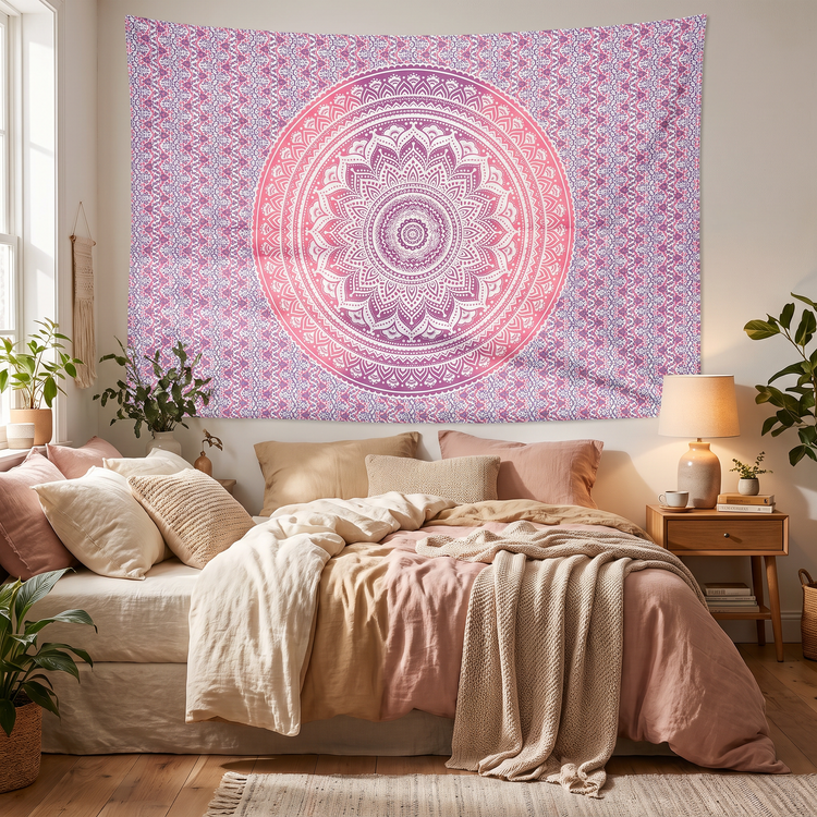 Lotus Mandala Cotton Tapestry – Pink Ombré Wall Hanging