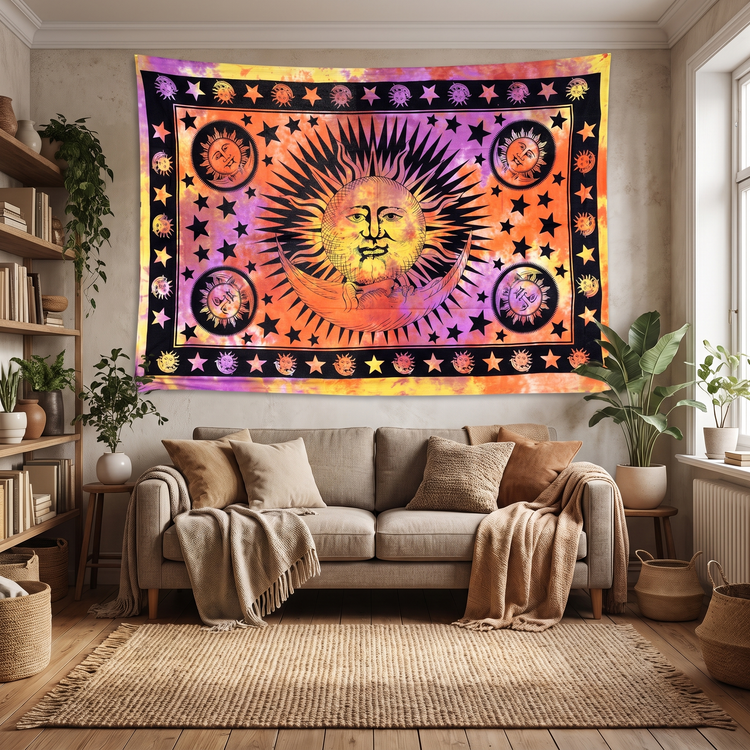 Celestial Sun & Moon Cotton Tapestry – Sunset Tie-Dye Wall Hanging