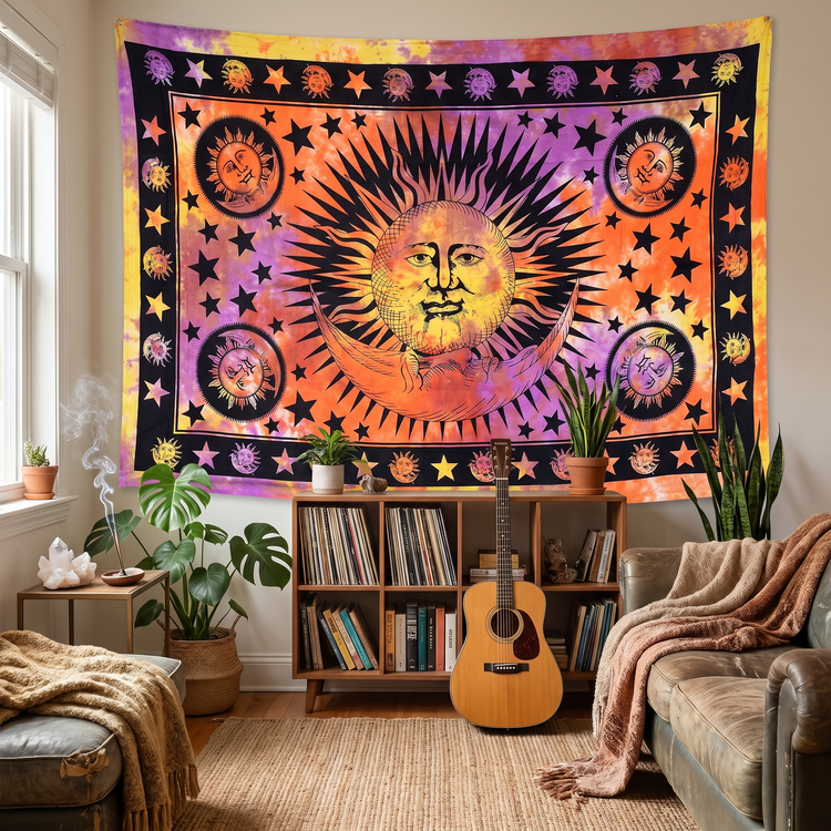 Celestial Sun & Moon Cotton Tapestry – Sunset Tie-Dye Wall Hanging