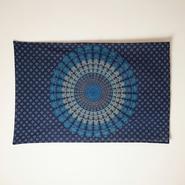 Peacock Fan Mandala Hand Block Printed Cotton Tapestry – Navy & Teal