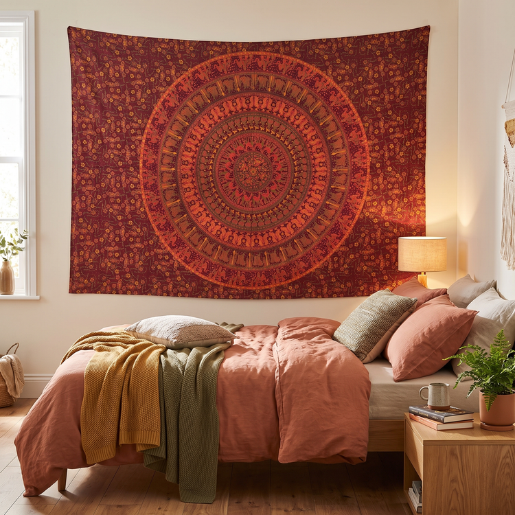 Camel Mandala Hand Block Printed Cotton Tapestry – Burgundy & Saffron