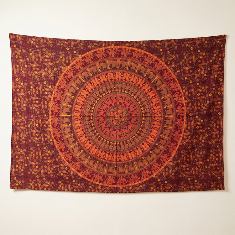 Camel Mandala Hand Block Printed Cotton Tapestry – Burgundy & Saffron