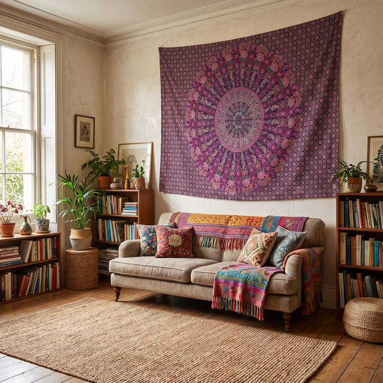 Elephant & Peacock Mandala Hand Block Printed Cotton Tapestry – Plum & Rose