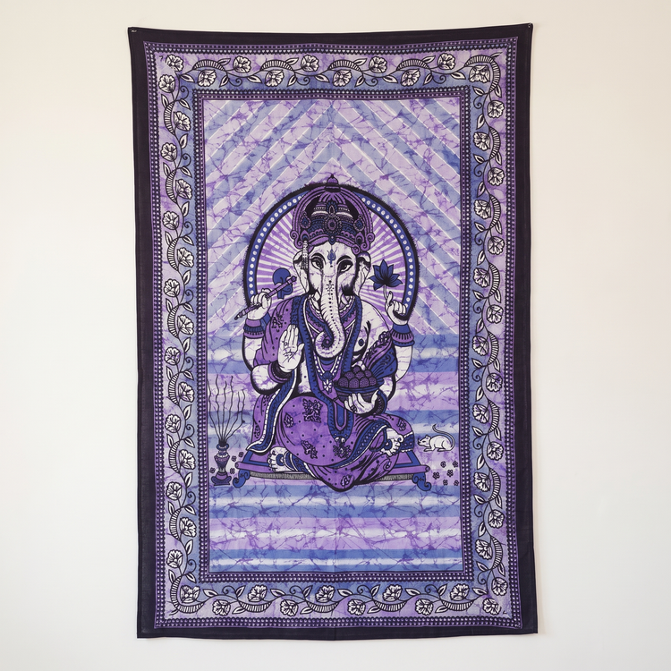 Violet Ganesha batik tapestry showing marbled purple and rose dye ground