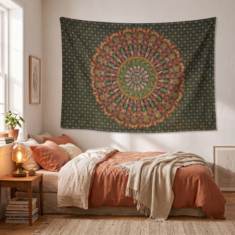Forest green and marigold peacock fan mandala hand block printed cotton tapestry, 210 x 135 cm