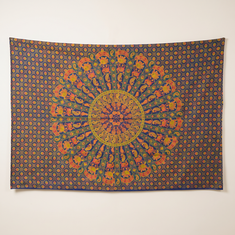 Peacock Fan Mandala Hand Block Printed Cotton Tapestry – Cobalt & Saffron