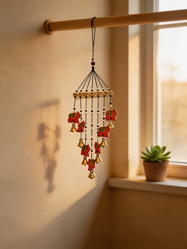 Artisanal Wooden Windchime With Handpainted Elephants & Bells