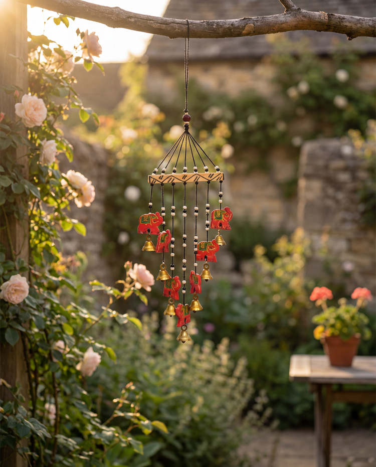 Artisanal Wooden Windchime With Handpainted Elephants & Bells
