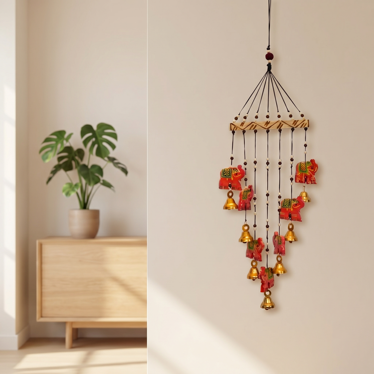 Artisanal Wooden Windchime With Handpainted Elephants & Bells