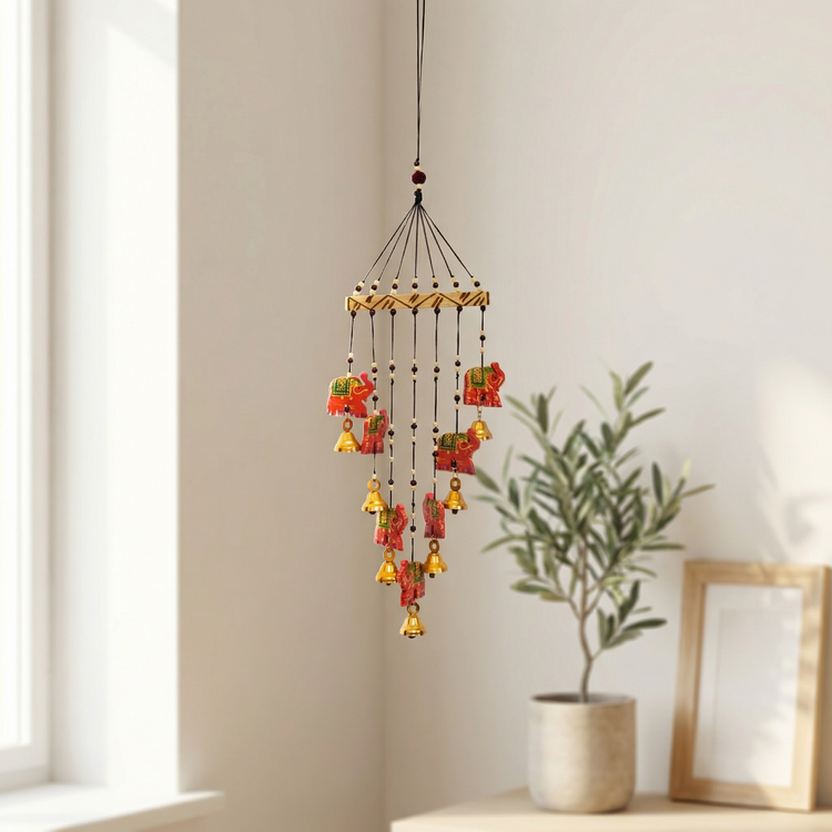 Artisanal Wooden Windchime With Handpainted Elephants & Bells