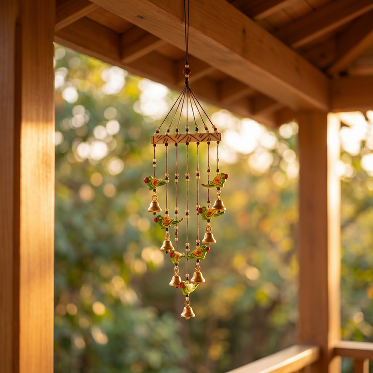 Artisanal Wooden Windchime with Handpainted Birds & Golden Bells