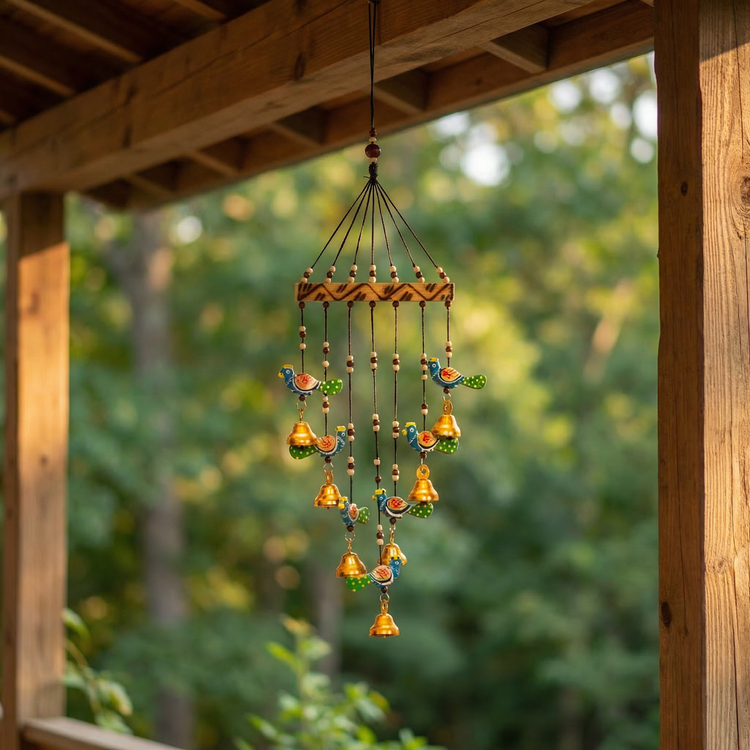 Artisanal Wooden Windchime With Handpainted Peacock & Bells