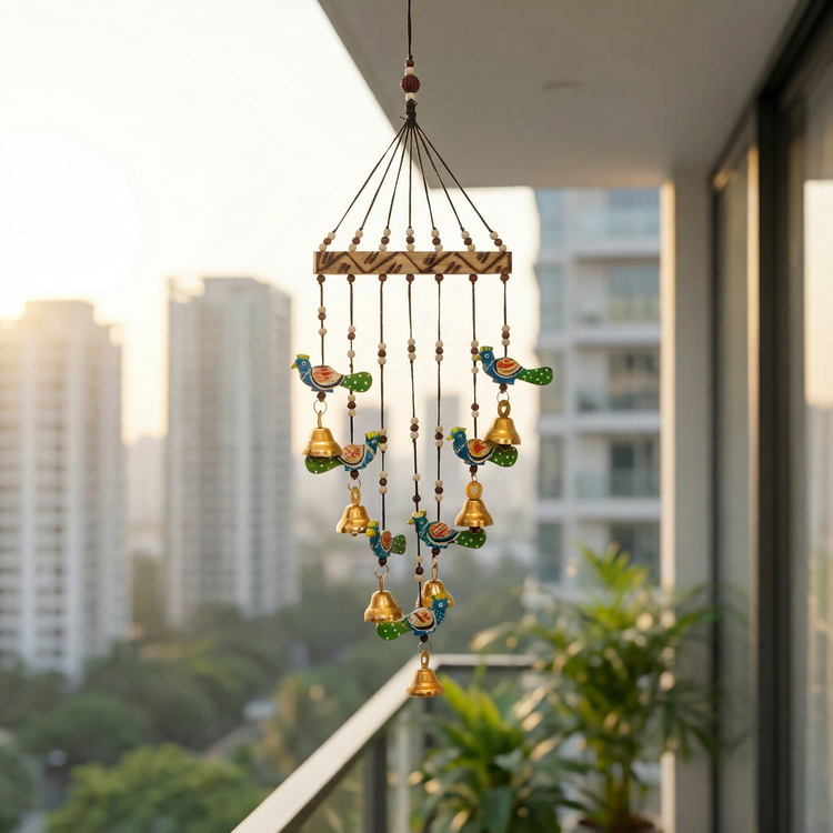 Artisanal Wooden Windchime With Handpainted Peacock & Bells