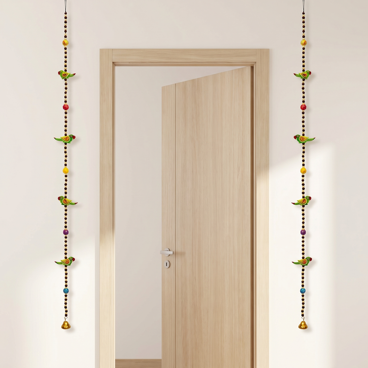 Pair of Long Vibrant Hand-Painted Parrot Beaded Windchimes