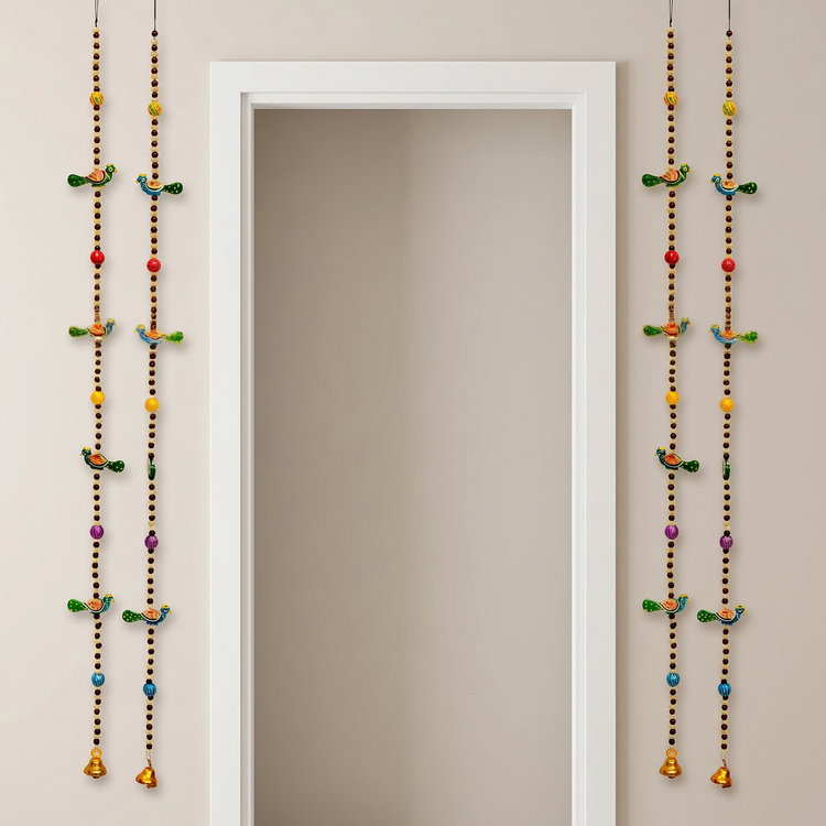 Pair of Long Vibrant Hand-Painted Peacock Windchimes