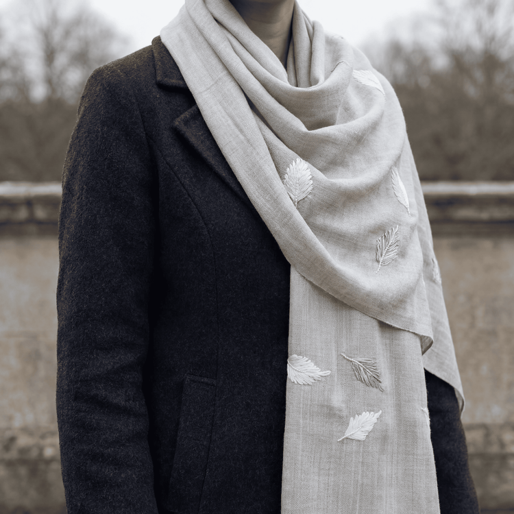 Hand-Embroidered Feather Cashmere Scarf