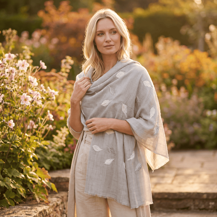 Hand-Embroidered Feather Cashmere Scarf