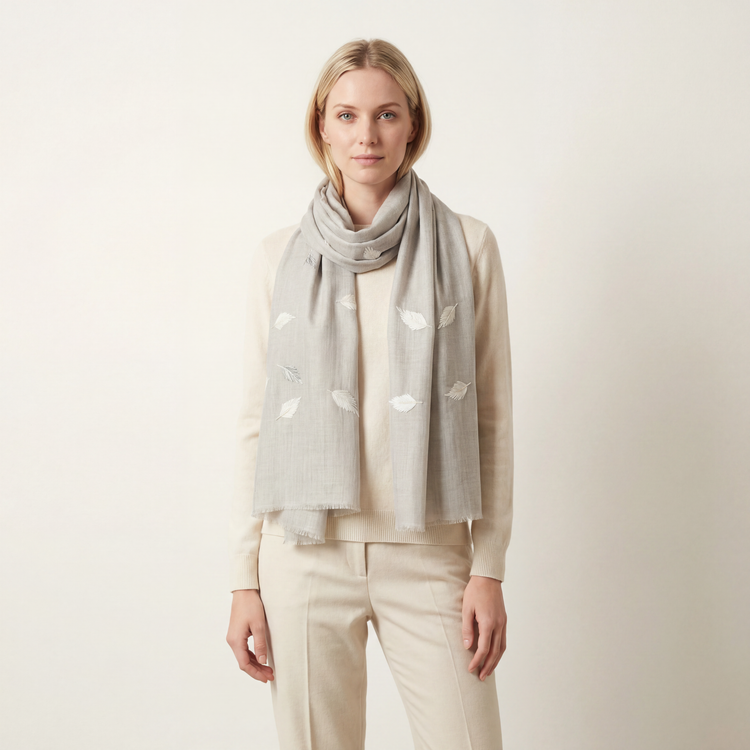 Hand-Embroidered Feather Cashmere Scarf