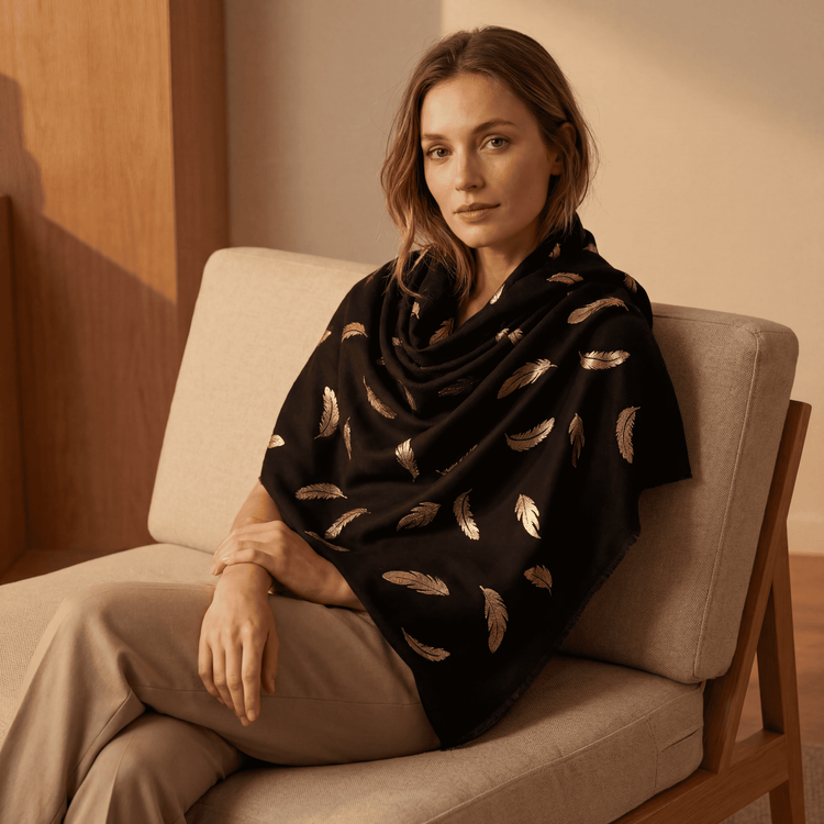 Black & Gold Foil Feather Cashmere Scarf