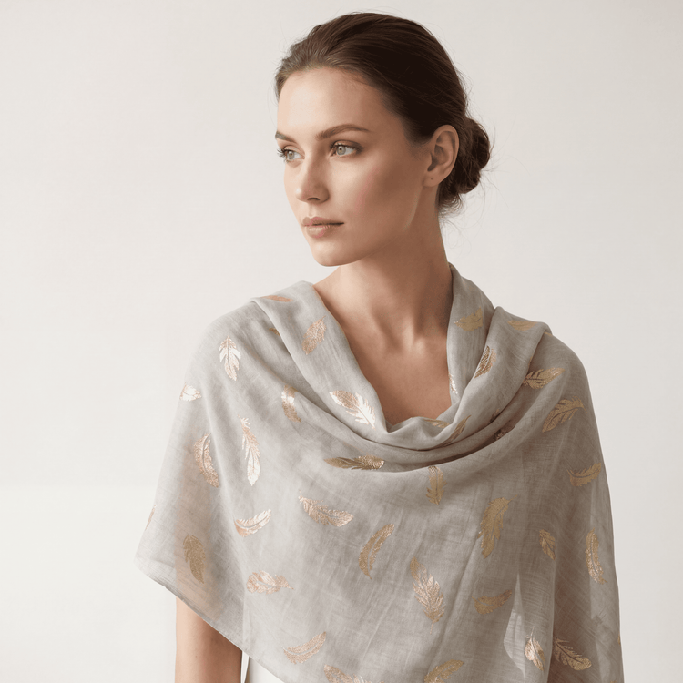 Ivory & Gold Foil Feather Cashmere Scarf