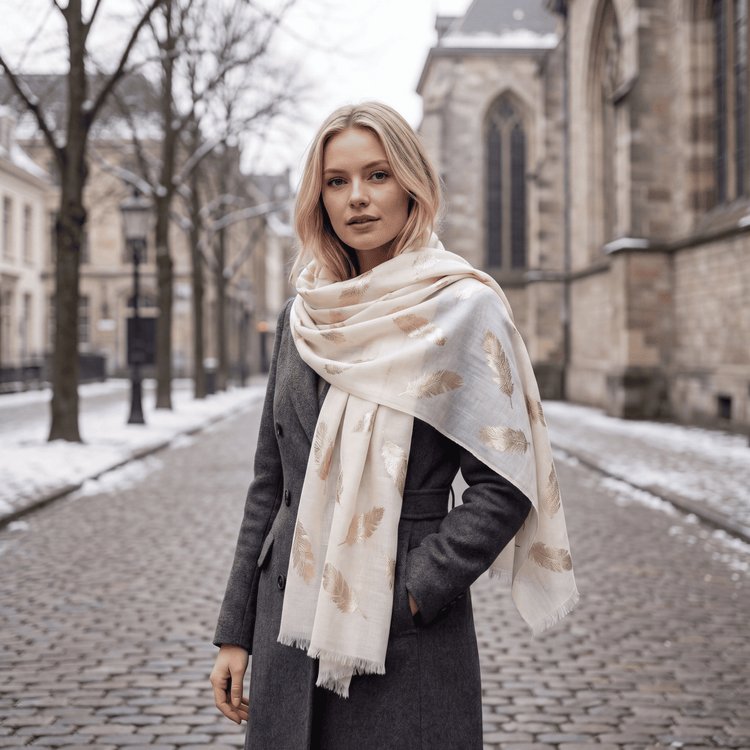 White & Gold Foil Feather Cashmere Scarf