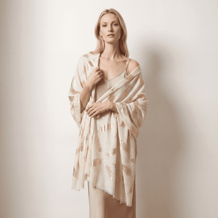 White & Gold Foil Feather Cashmere Scarf